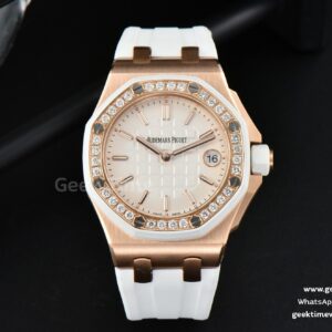 Royal Oak Offshore Ladies 33mm RG Moissanite RXWF White Dial Real Diamonds Bezel White Rubber Strap Swiss Quartz