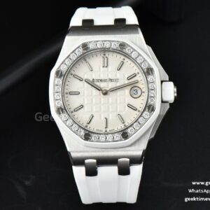 Royal Oak Offshore Ladies 33mm SS Moissanite RXWF White Dial Real Diamonds Bezel White Rubber Strap Swiss Quartz
