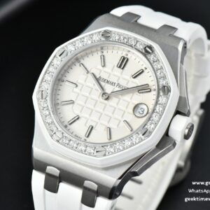 Royal Oak Offshore Ladies 33mm SS Moissanite RXWF White Dial Real Diamonds Bezel White Rubber Strap Swiss Quartz