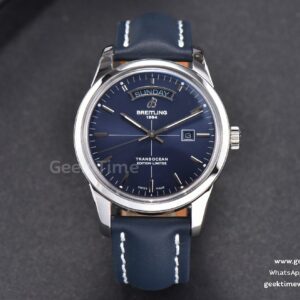 Transocean Day & Date V7F 43mm Blue Dial Black Leather Strap Clone CA145