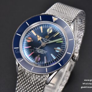 SuperOcean Heritage 42mm SS GF Blue Ceramic Blue Dial Rainbow Marker Mesh Bracelet A2824