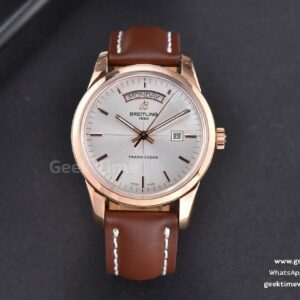 Transocean Day & Date V7F 43mm RG Silver Dial Brown Leather Strap Clone CA145