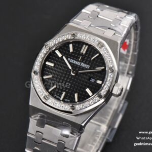 Royal Oak Ladies 33mm 8F Diamond Black Dial SS Bracelet Swiss Quartz