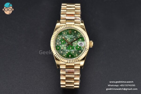 DateJust 31MM 904L YG GMF Fluted Bezel Green Flowers Dial President Bracelet A2824 - Image 2