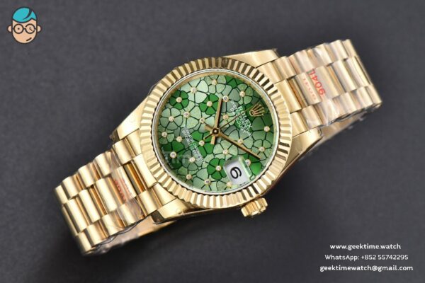 DateJust 31MM 904L YG GMF Fluted Bezel Green Flowers Dial President Bracelet A2824 - Image 4