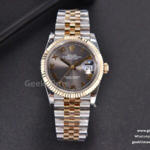 DateJust 36mm 904L YG/SS GMF geriffelte Lünette graues Zifferblatt Roma-Indizes Jubilee-Armband VR3285