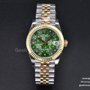 DateJust 31mm 904L YG GMF lunette cannelée cadran fleurs vertes bracelet Jubilee A2824