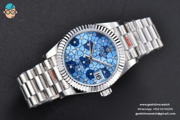 DateJust 31MM 904L GMF Fluted Bezel Blue Flowers Dial President Bracelet A2824 - Image 4