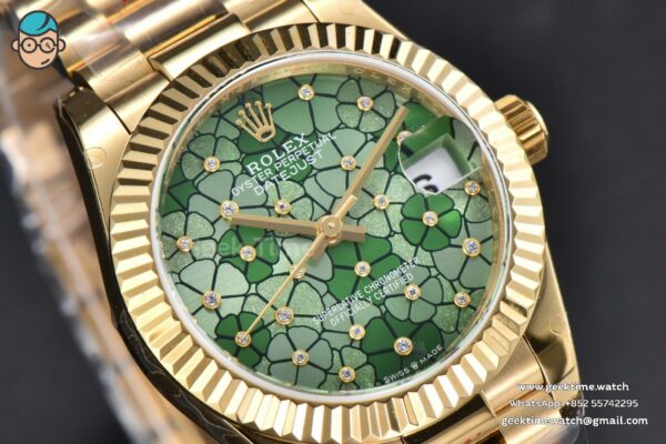 DateJust 31MM 904L YG GMF Fluted Bezel Green Flowers Dial President Bracelet A2824 - Image 12
