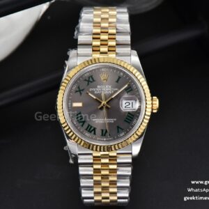 DateJust 36mm YG/SS BPF graues Wimbledon-Zifferblatt grüne Roma-Indizes Jubilee-Armband A2824