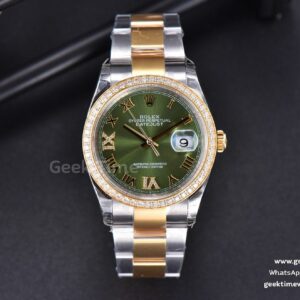 DateJust 36mm SS/YG EWF grünes Zifferblatt Roma-Indizes mit Diamanten Lünette mit Diamanten Oyster-Armband A3235