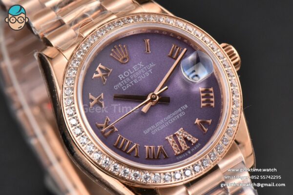 DateJust 31MM Ladies 904L RG WF Diamond Purple Dial Diamond Roma Marker Oyster Bracelet A2671 - Image 11