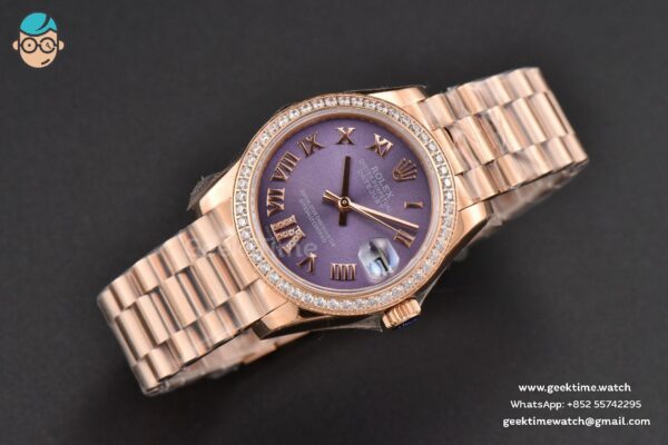 DateJust 31MM Ladies 904L RG WF Diamond Purple Dial Diamond Roma Marker Oyster Bracelet A2671 - Image 14