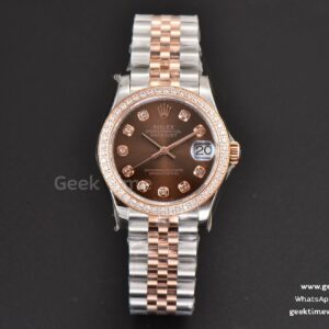 DateJust 31mm Ladies 904L RG/SS WF esfera marrón con diamantes índices de diamantes brazalete Jubilee A2671
