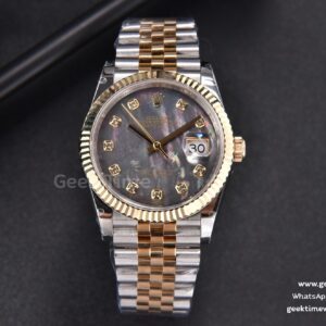 DateJust 36mm 904L YG/SS GMF geriffelte Lünette graues Perlmutt-Zifferblatt Diamant-Indizes Jubilee-Armband VR3235