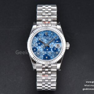 DateJust 31mm 904L GMF lunette cannelée cadran fleurs bleues bracelet Jubilee A2824