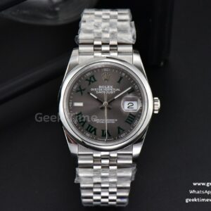 DateJust 36mm BPF glatte Lünette graues Wimbledon-Zifferblatt grüne Roma-Indizes Jubilee-Armband A2824