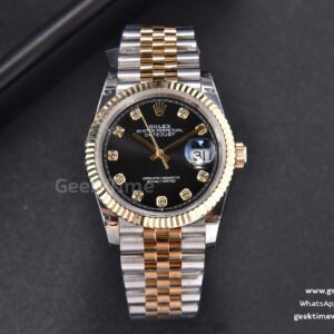 DateJust 36mm 904L YG/SS GMF geriffelte Lünette schwarzes Zifferblatt Diamant-Indizes Jubilee-Armband VR3235