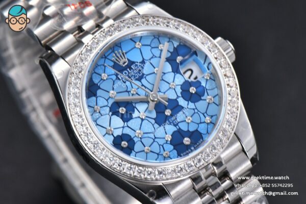 DateJust 31MM 904L GMF Diamond Bezel Blue Flowers Dial Jubilee Bracelet A2824 - Image 12