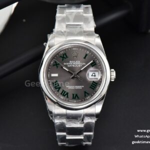 DateJust 36mm BPF glatte Lünette graues Wimbledon-Zifferblatt grüne Roma-Indizes Oyster-Armband A2824