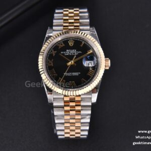 DateJust 36mm 904L YG/SS GMF geriffelte Lünette schwarzes Zifferblatt Roma-Indizes Jubilee-Armband VR3235