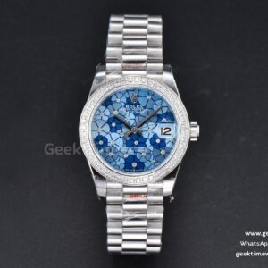 DateJust 31mm 904L GMF lunette diamants cadran fleurs bleues bracelet President A2824