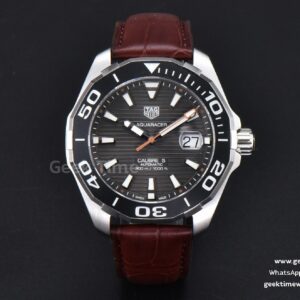 Aquaracer Caliber 5 43mm OF Black Dial Brown Hand Brown Leather Strap SW200