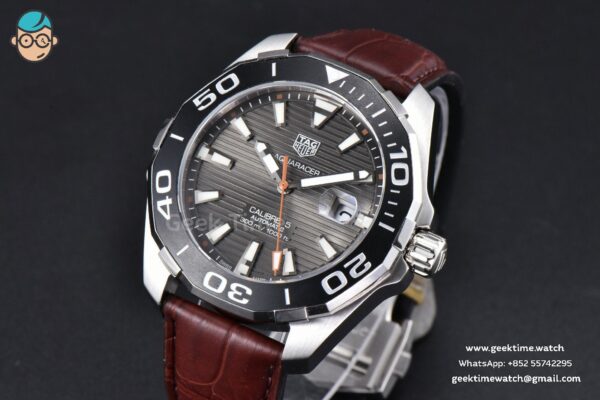 Aquaracer Caliber 5 43mm OF Black Dial Brown Hand Brown Leather Strap SW200