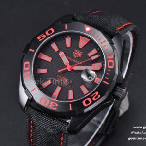 Aquaracer Caliber 5 43mm OF Ceramic Black Red Hand Dial Black Nylon Strap SW200