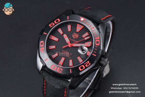 Aquaracer Caliber 5 43mm OF Ceramic Black Red Hand Dial Black Nylon Strap SW200