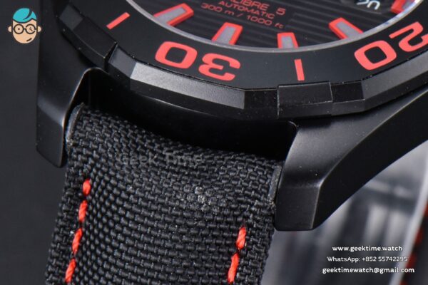 Aquaracer Caliber 5 43mm OF Ceramic Black Red Hand Dial Black Nylon Strap SW200 - Image 8