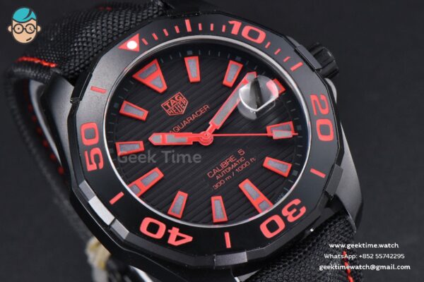Aquaracer Caliber 5 43mm OF Ceramic Black Red Hand Dial Black Nylon Strap SW200 - Image 10