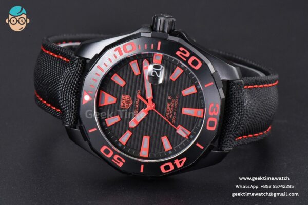 Aquaracer Caliber 5 43mm OF Ceramic Black Red Hand Dial Black Nylon Strap SW200 - Image 11