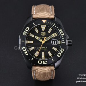 Aquaracer Caliber 5 43mm OF Ceramic Black Dial Yellow Hand Brown Nylon Strap SW200