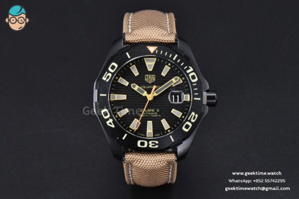 Aquaracer Caliber 5 43mm OF Ceramic Black Dial Yellow Hand Brown Nylon Strap SW200 - Image 2