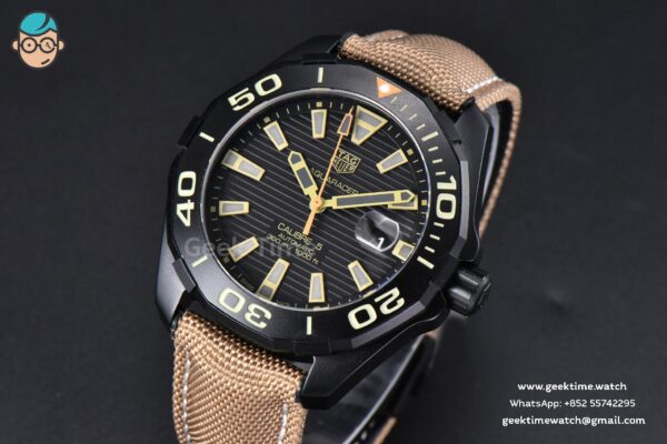 Aquaracer Caliber 5 43mm OF Ceramic Black Dial Yellow Hand Brown Nylon Strap SW200