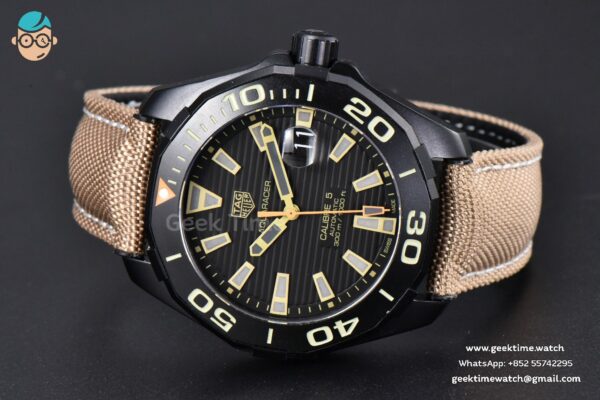 Aquaracer Caliber 5 43mm OF Ceramic Black Dial Yellow Hand Brown Nylon Strap SW200 - Image 11