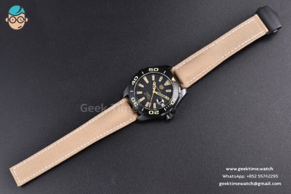Aquaracer Caliber 5 43mm OF Ceramic Black Dial Yellow Hand Brown Nylon Strap SW200 - Image 32