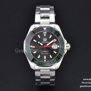 Aquaracer Calibre 5 GMT OF 43mm Green/Red Bezel Black Dial SS Bracelet Swiss SW200
