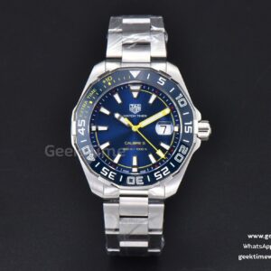 Aquaracer Calibre 5 OF 43mm Blue Dial Blue Bezel Yellow Hands SS Bracelet Swiss SW200