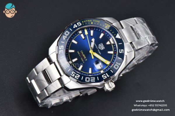 Aquaracer Calibre 5 OF 43MM Blue Dial Blue Bezel Yellow Hands SS Bracelet Swiss SW200 - Image 3
