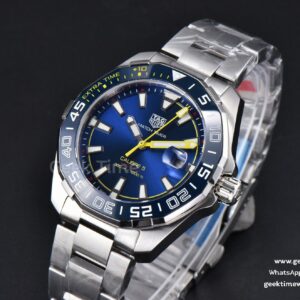 Aquaracer Calibre 5 OF 43MM Blue Dial Blue Bezel Yellow Hands SS Bracelet Swiss SW200