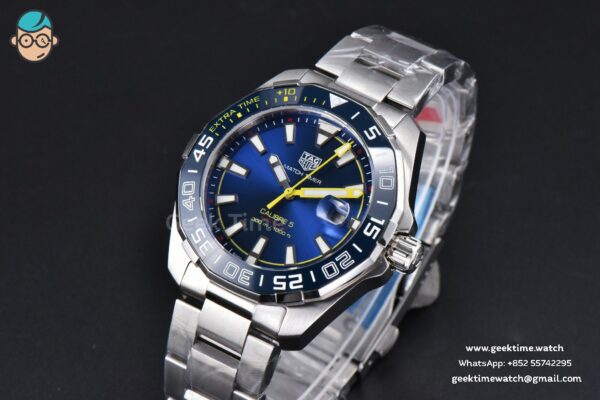 Aquaracer Calibre 5 OF 43MM Blue Dial Blue Bezel Yellow Hands SS Bracelet Swiss SW200