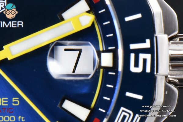 Aquaracer Calibre 5 OF 43MM Blue Dial Blue Bezel Yellow Hands SS Bracelet Swiss SW200 - Image 8