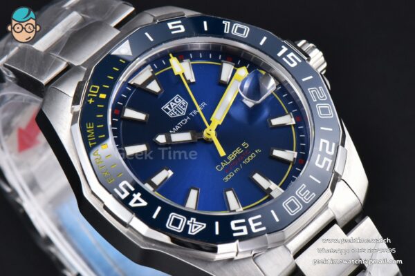 Aquaracer Calibre 5 OF 43MM Blue Dial Blue Bezel Yellow Hands SS Bracelet Swiss SW200 - Image 11