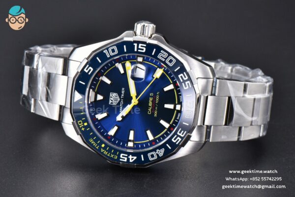 Aquaracer Calibre 5 OF 43MM Blue Dial Blue Bezel Yellow Hands SS Bracelet Swiss SW200 - Image 12
