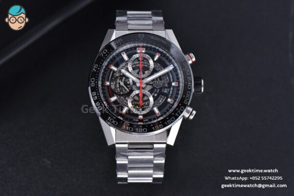 Calibre Heuer 01 Chrono XF 45MM PVD Skeleton Dial Red Hand SS Bracelet A1887 - Image 2