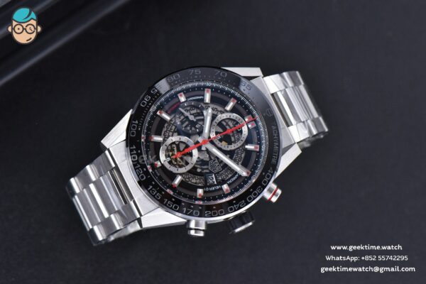 Calibre Heuer 01 Chrono XF 45MM PVD Skeleton Dial Red Hand SS Bracelet A1887 - Image 3