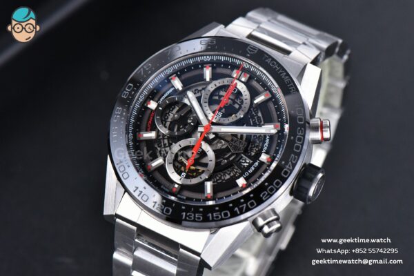 Calibre Heuer 01 Chrono XF 45MM PVD Skeleton Dial Red Hand SS Bracelet A1887