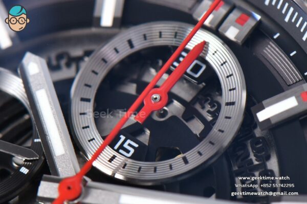 Calibre Heuer 01 Chrono XF 45MM PVD Skeleton Dial Red Hand SS Bracelet A1887 - Image 4